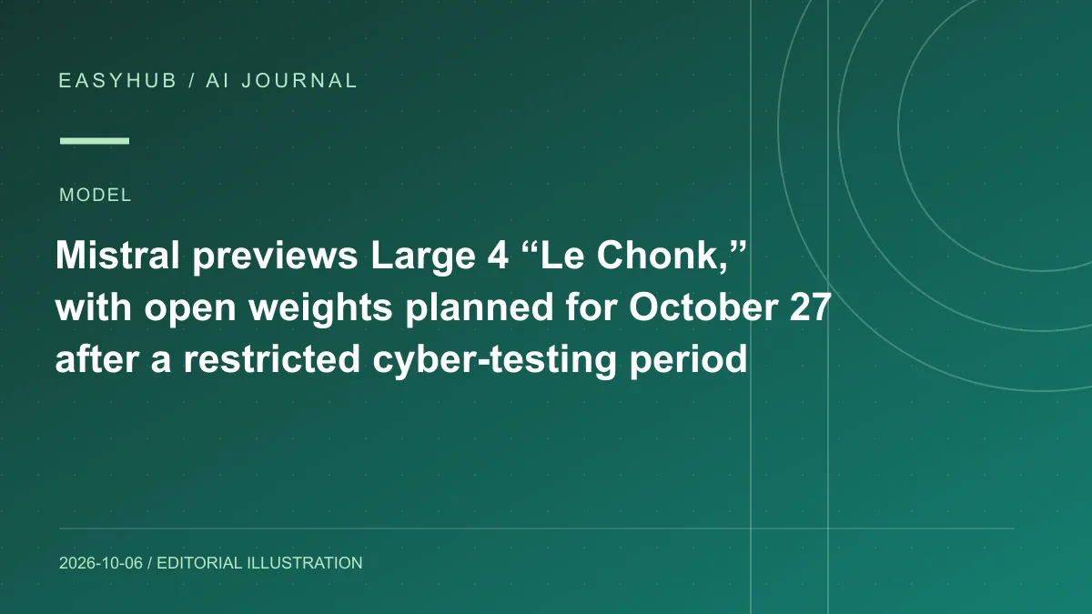 资讯编辑示意图：Mistral 预览 Large 4「Le Chonk」：计划 10 月 27 日开放权重，先向安全专家与政府机构提供测试访问