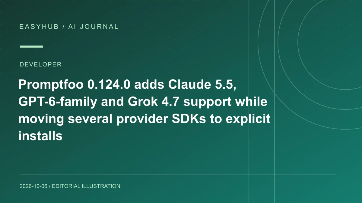 资讯编辑示意图：Promptfoo 0.124.0 发布：接入 Claude 5.5、GPT-6 系列与 Grok 4.7，并把多项 Provider 依赖改为按需安装