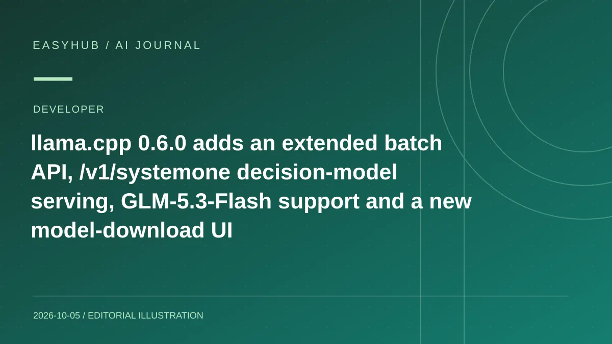 资讯编辑示意图：llama.cpp 0.6.0 发布：加入扩展 batch API、决策模型 /v1/systemone、GLM-5.3-Flash 与新模型下载 UI