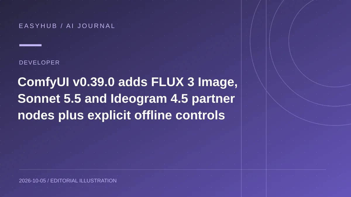 资讯编辑示意图：ComfyUI v0.39.0 发布：接入 FLUX 3 Image、Sonnet 5.5、Ideogram 4.5，并新增离线模式控制
