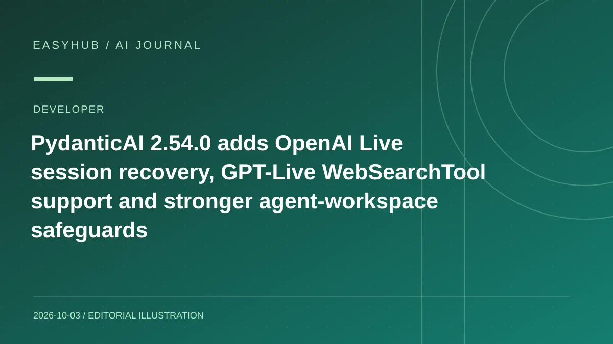 资讯编辑示意图：PydanticAI 2.54.0 发布：OpenAI Live 会话可断线恢复，GPT-Live 接入 WebSearchTool，并增强 Agent workspace 安全