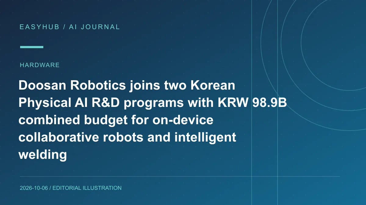 资讯编辑示意图：Doosan Robotics 获选韩国两项 Physical AI 国策研发：989 亿韩元预算推进端侧 AI 协作机器人与智能焊接