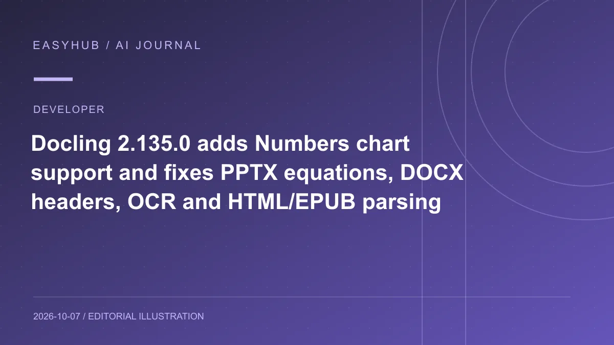 资讯编辑示意图：Docling 2.135.0 发布：补齐 Numbers 图表、PPTX 公式、DOCX 页眉页脚与 OCR/HTML/EPUB 解析细节