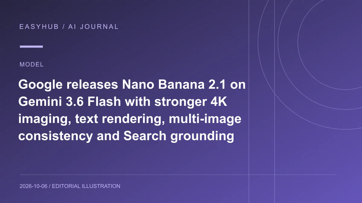 资讯编辑示意图：Google 发布 Nano Banana 2.1：基于 Gemini 3.6 Flash，强化 4K 图像、文字渲染、多图一致性与搜索 Grounding