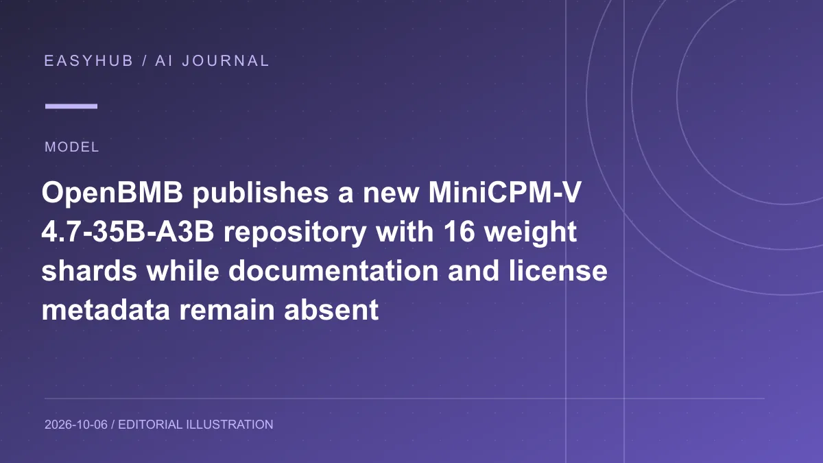 资讯编辑示意图：OpenBMB 新建 MiniCPM‑V 4.7‑35B‑A3B 模型仓库：16 个权重分片已公开，但模型卡、许可与基准说明仍缺失