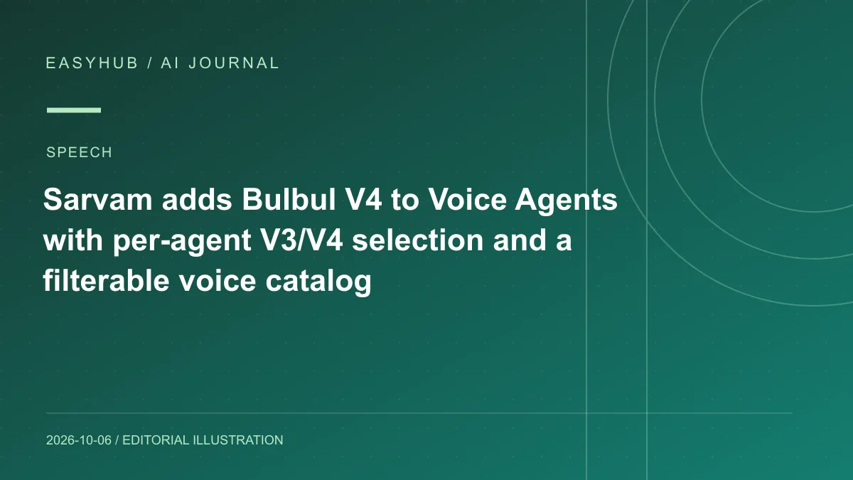 资讯编辑示意图：Sarvam 将 Bulbul V4 接入 Voice Agents：每个 Agent 可切换 V3/V4，并加入可筛选试听的语音目录