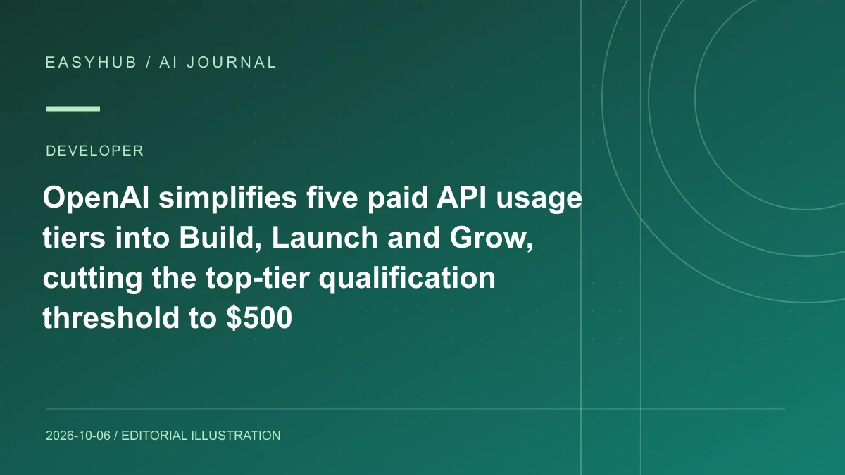 资讯编辑示意图：OpenAI API 将五档付费用量层级简化为三档：Build、Launch、Grow，最高档门槛降至累计 500 美元