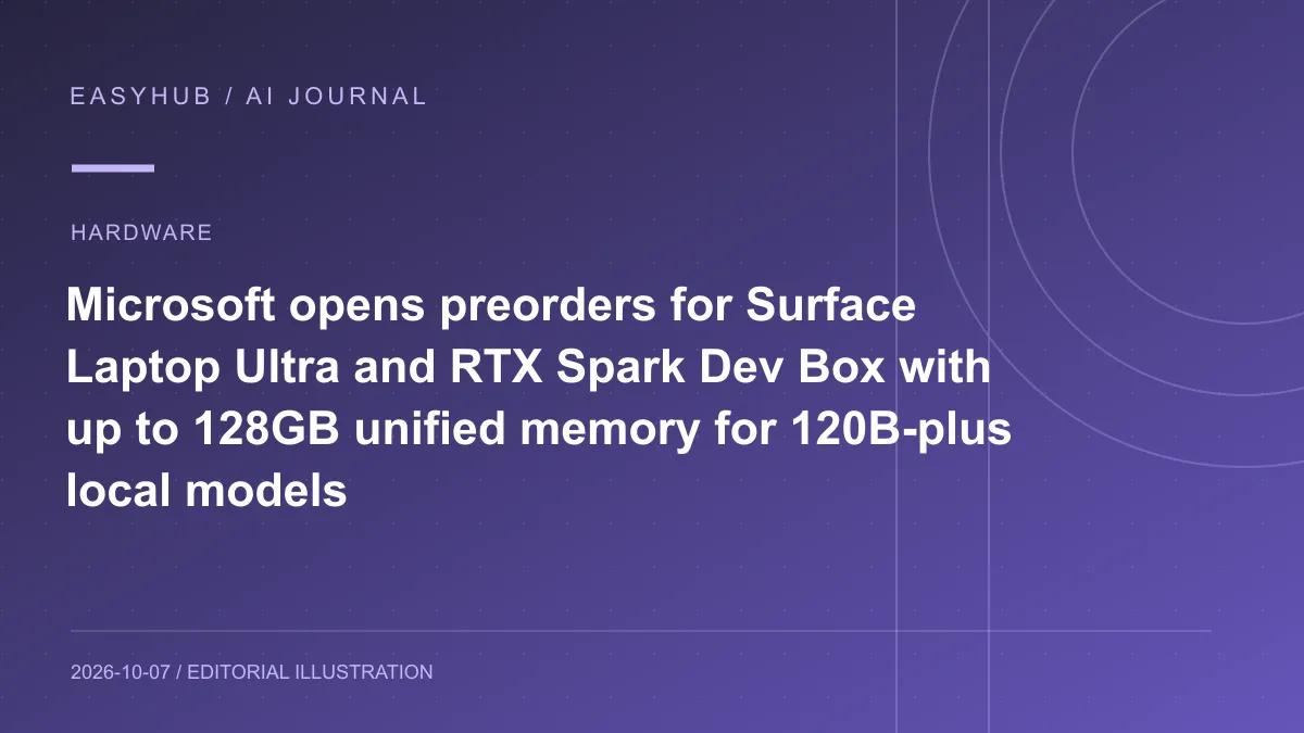 资讯编辑示意图：Microsoft 开放 Surface Laptop Ultra 与 RTX Spark Dev Box 预订：最高 128GB 统一内存，本地运行 120B+ 模型